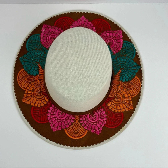 Artesanal Embroidered Colorful Mexican Sombrero Hat Tan Hand Made Large Woman - Picture 3 of 11
